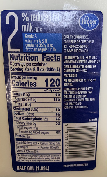 A nutrition facts label for a half-gallon container of 2 percent reduced fat milk.